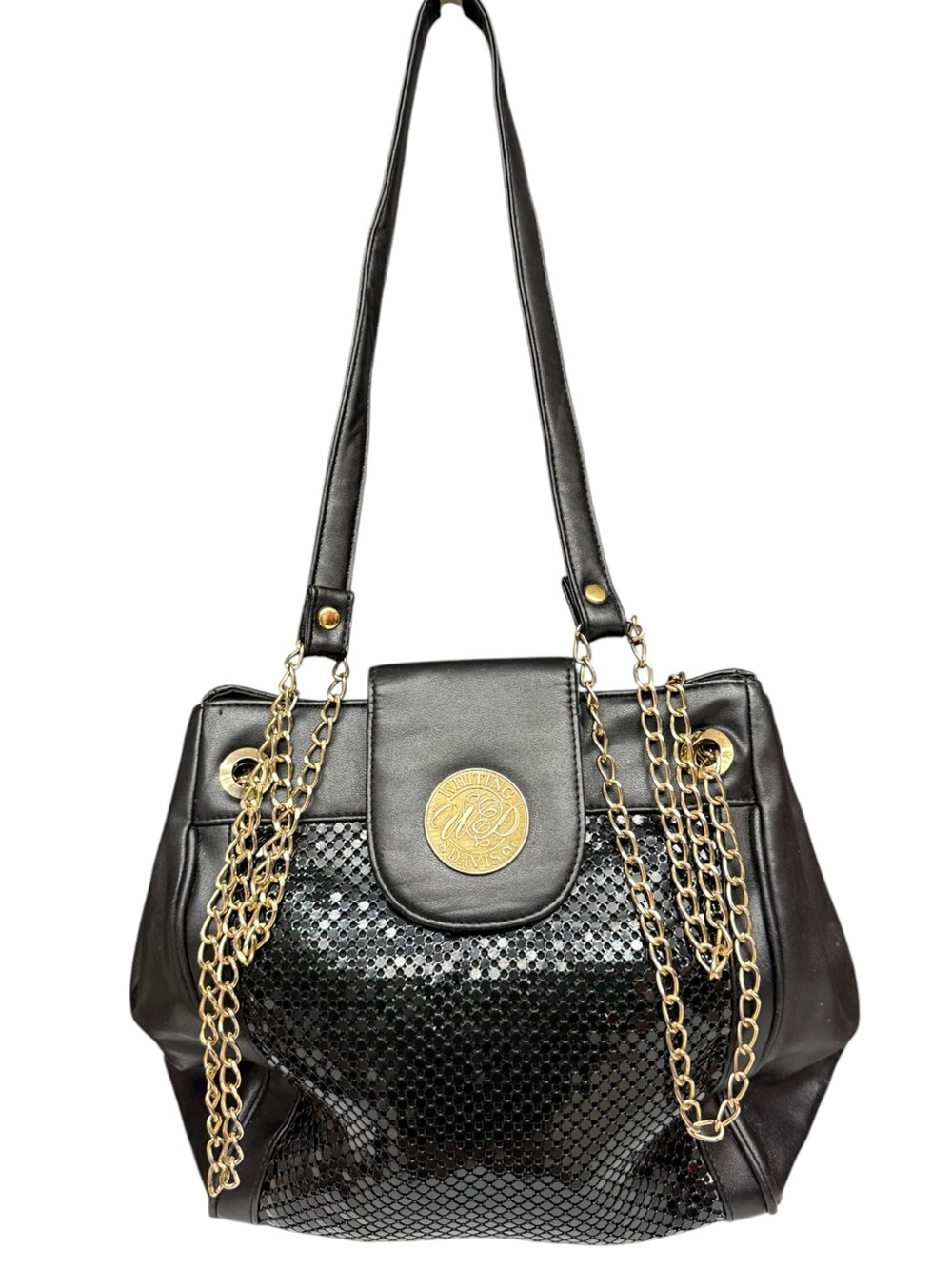 Whiting & Davis Black Leather Metal Mesh Chain Shoulder Bag Purse AS IS Repair